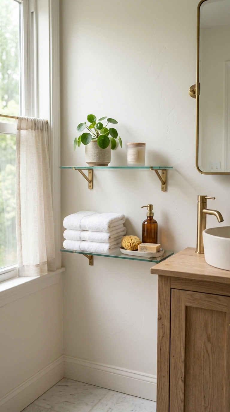 013 Glass Shelf Storage A small bathroom wall with two