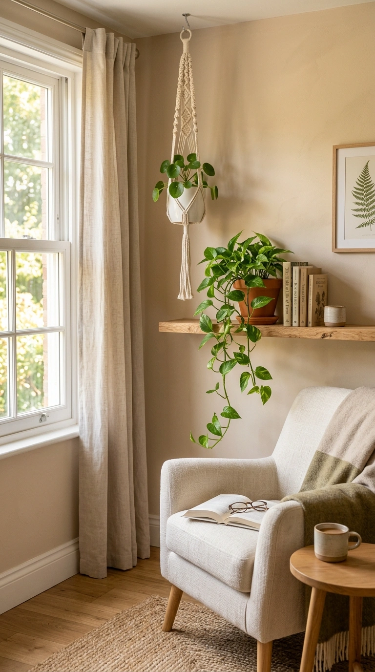 23 Easy Wall Decor Ideas to Make Any Room Look Brand New 14 013 Hanging Plant Shelf A living room reading corner w
