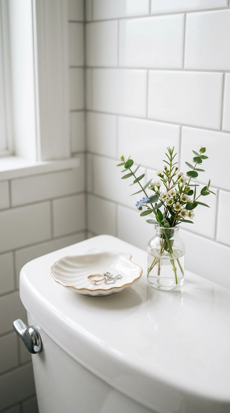 21 Toilet Tank Decor Ideas for a Prettier Bathroom 14 013 Little Trinket Dish A small shell shaped ceramic r