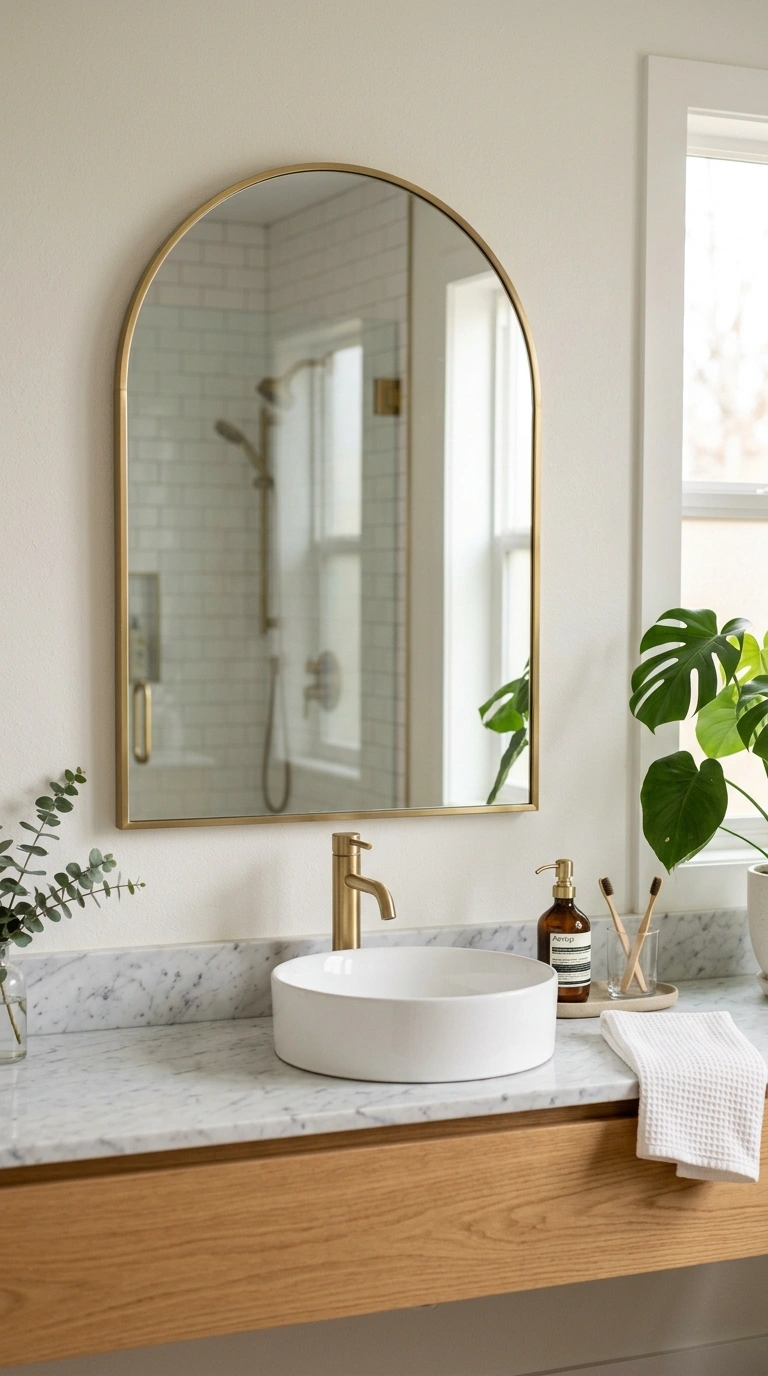 19 Elegant Guest Bathroom Decor Ideas You'll Want to Copy 14 013 Statement Mirror A bathroom vanity scene featuring