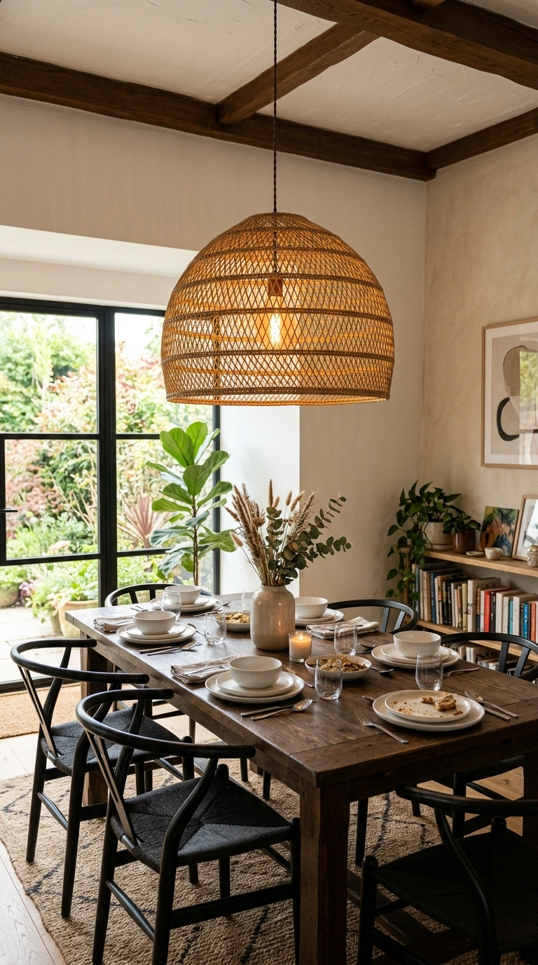 17 Dining Table Decor Ideas to Create a Beautiful Tablescape 14 013 Statement Pendant Light A wide shot of a dining ro