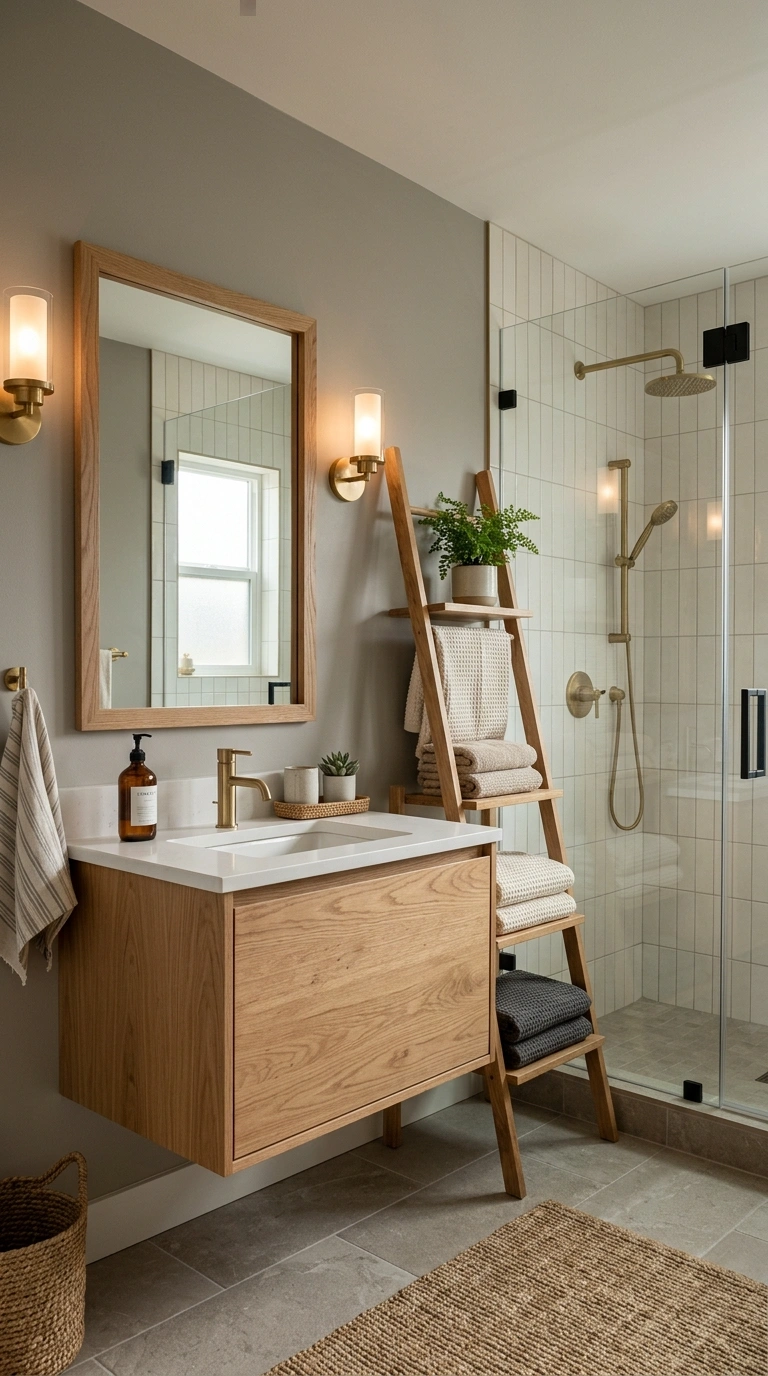 19 Best Bathroom Color Schemes for Every Style 14 013 Warm Gray And Wood A bathroom with warm gray walls
