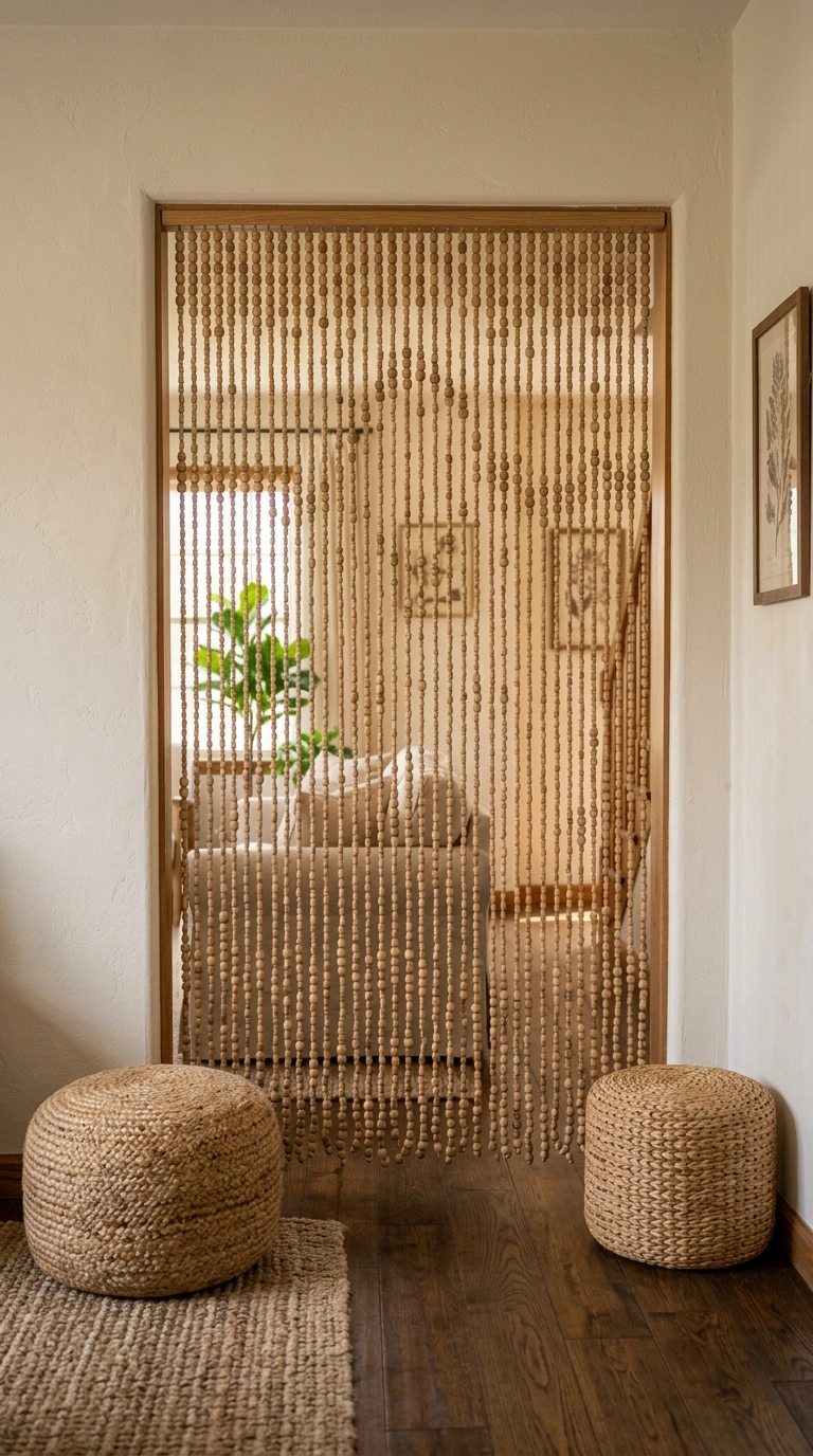 013 Wooden Bead Curtain A doorway between a living roo