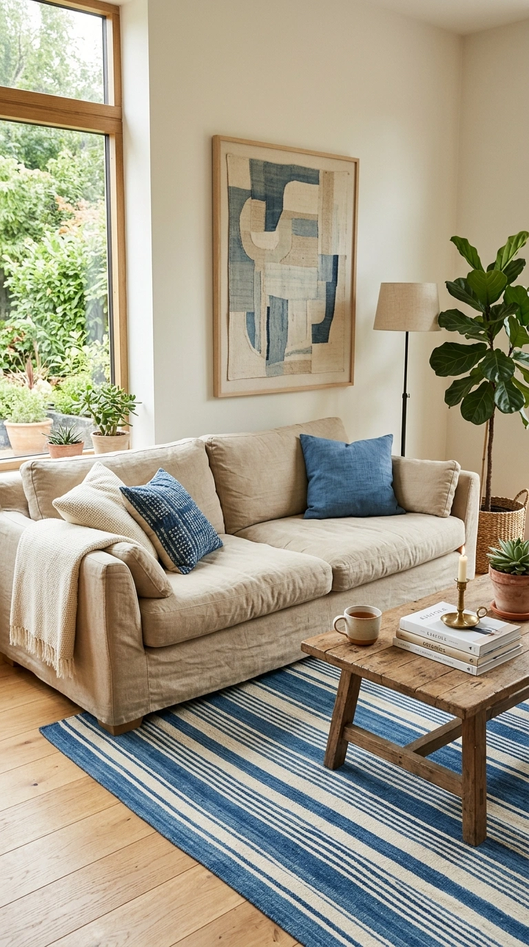 23 Blue and Beige Living Room Ideas That Make This Classic Pairing Work 15 014 14 Beige Linen Sofa A relaxed beige linen sofa wit