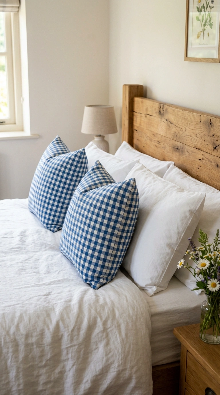 014 14 Blue Gingham Pillows Close angled shot of a whi