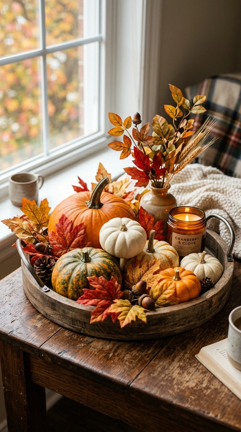 014 14 Fall Leaf Sprigs A tray styled with faux fall l