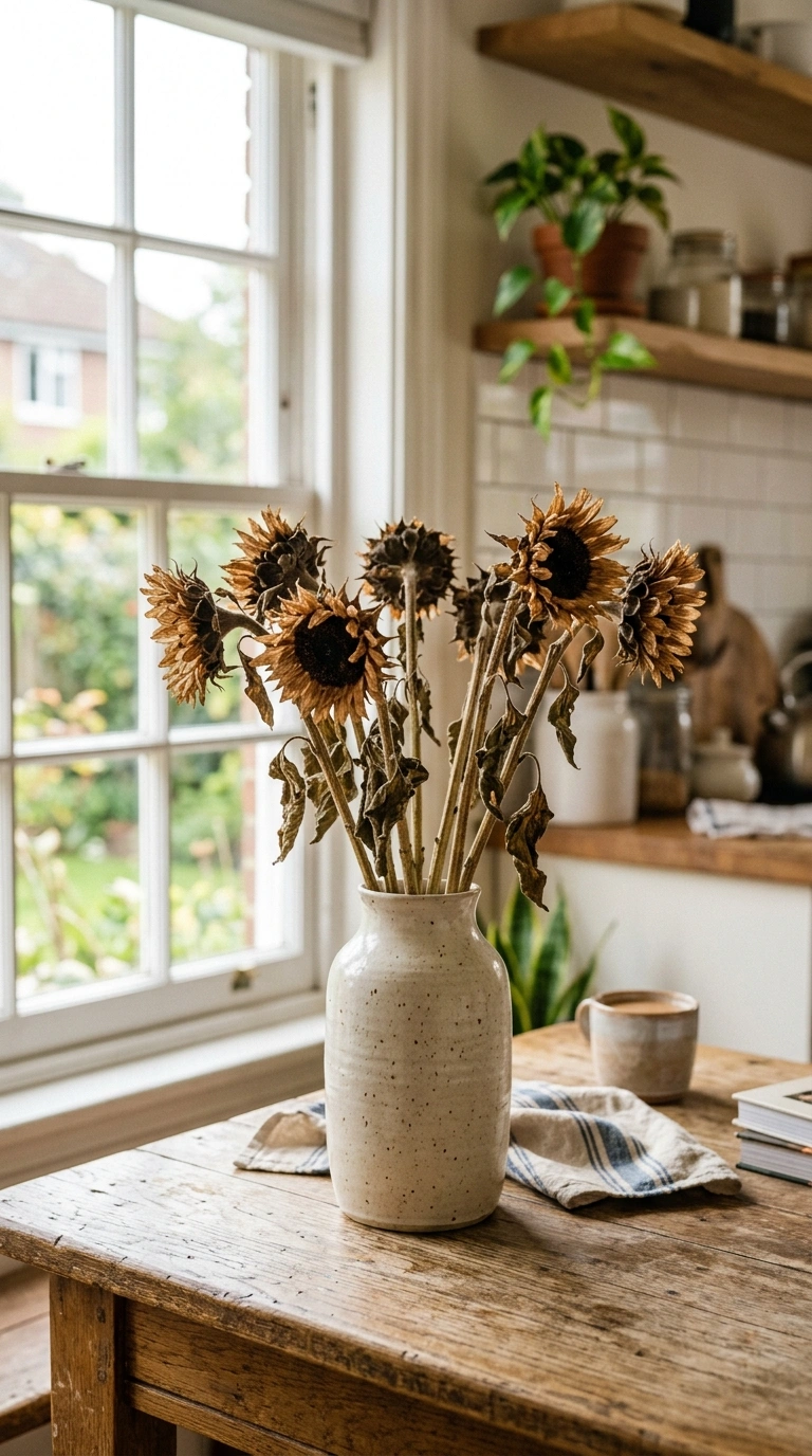 15+ Charming Fall Decor Ideas to Make Your Home Feel Cozy 15 014 14 Sunflower Stem Vase A kitchen table with a cera