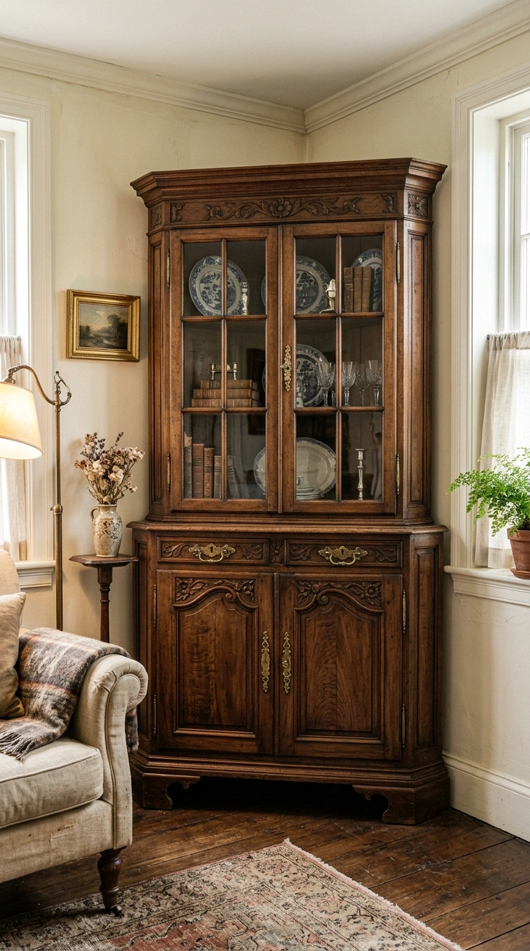 014 Antique Corner Cabinet A living room corner featur