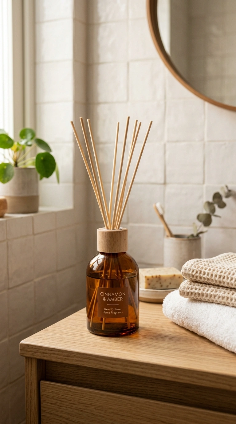 014 Cinnamon Scented Diffuser A bathroom counter featu