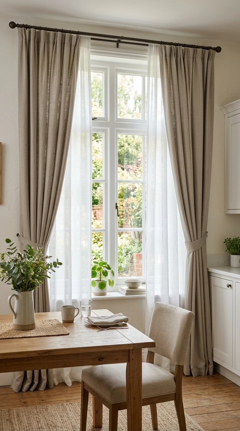 014 Double Layer Curtains A wide kitchen dining window
