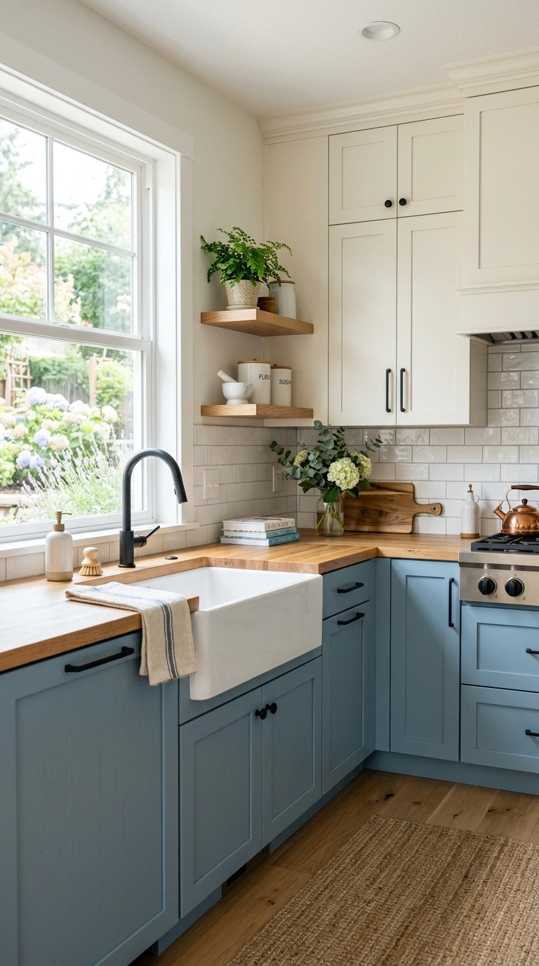 23 Two-Tone Kitchen Ideas That Look Expensive and Timeless 15 014 Dusty Blue Base Cabinets A kitchen with soft dusty