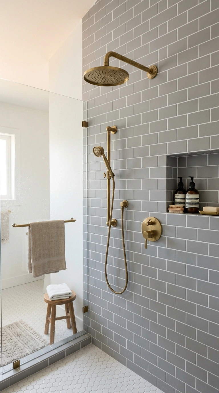 014 Gray Subway Tile Shower A bathroom shower featurin