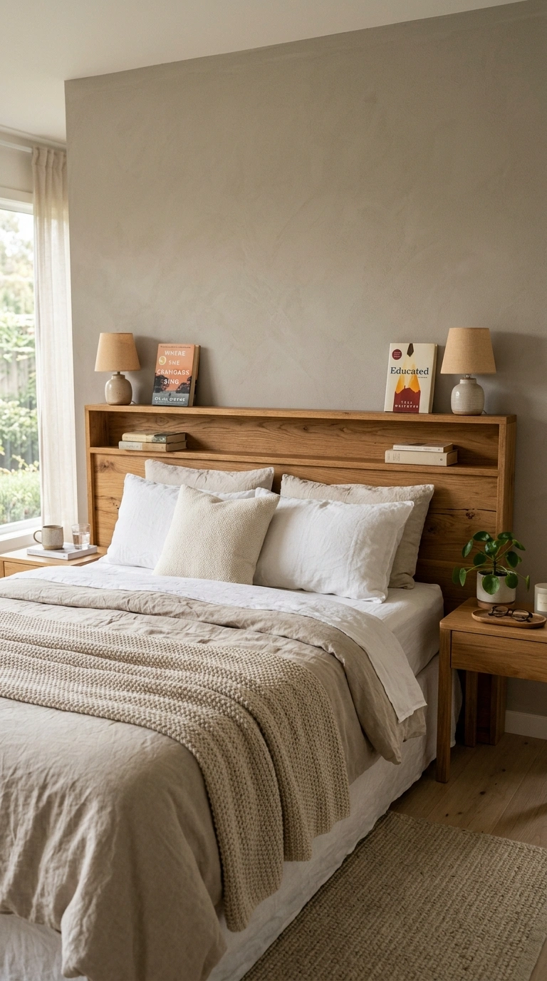 014 Headboard Storage Shelf A wooden headboard with a
