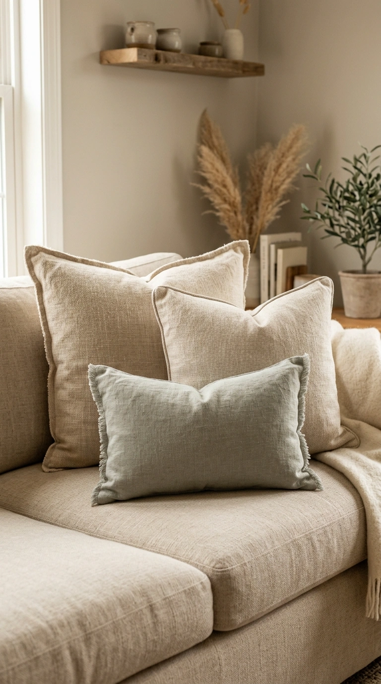 014 Layered Sofa Pillows A neutral sofa featuring thre