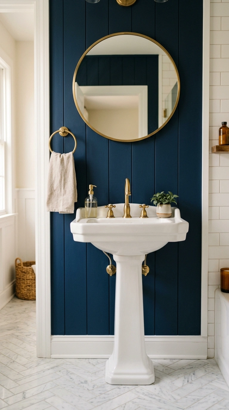 014 Navy Blue Panels A bathroom accent wall behind a p