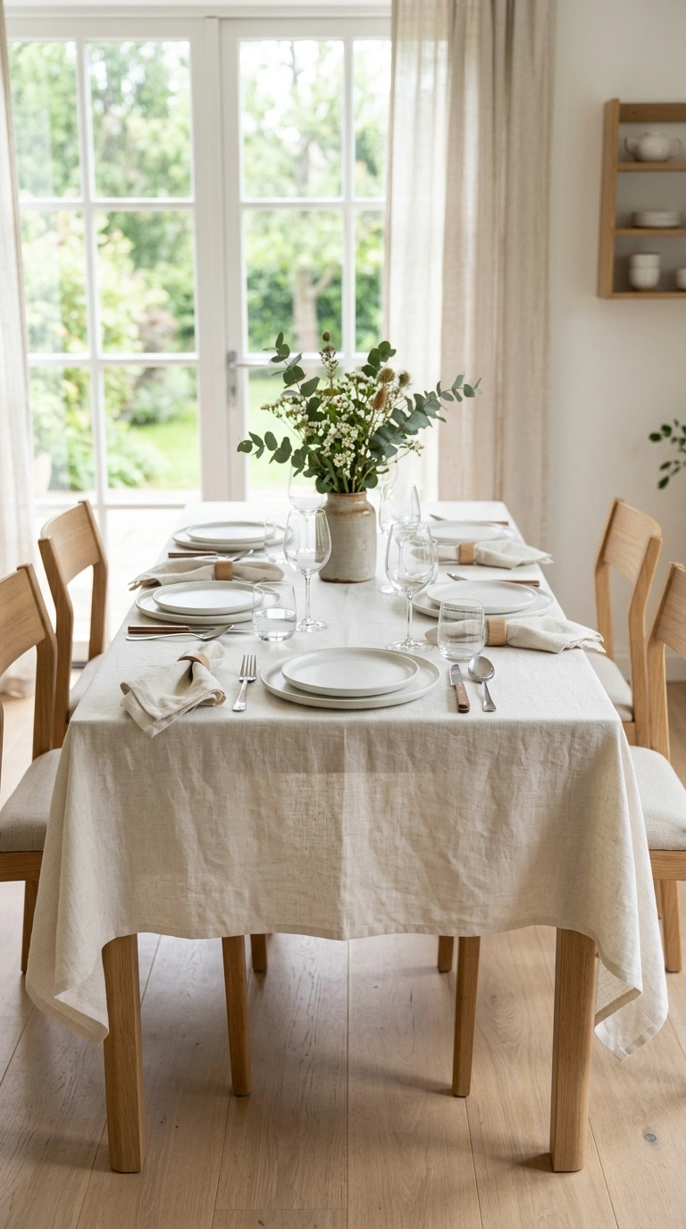 17 Dining Table Decor Ideas to Create a Beautiful Tablescape 15 014 Neutral Table Linens A dining table draped with an