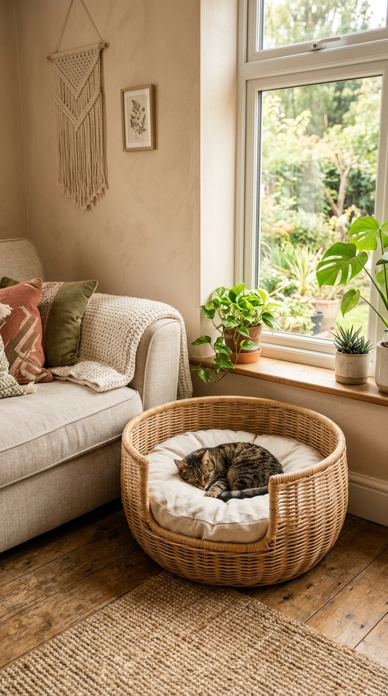 014 Rattan Cat Basket Bed A rounded natural rattan bas