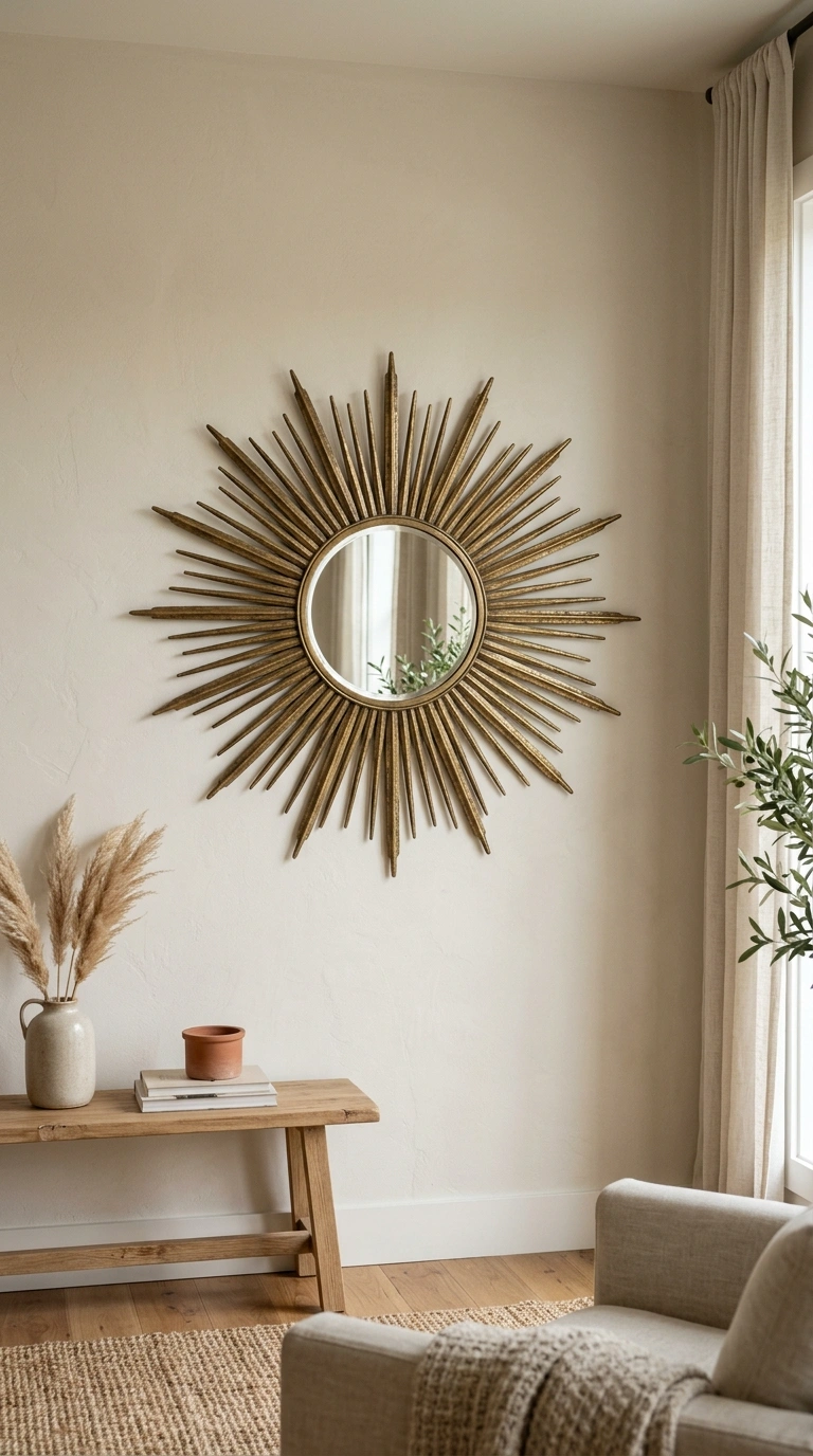 014 Sunburst Mirror Wall A living room wall with a lar