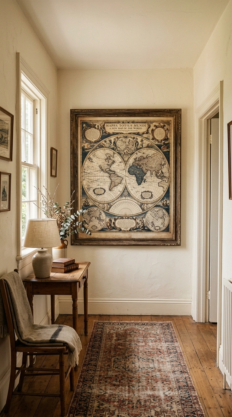 014 Vintage Map Print A hallway with a large framed vi