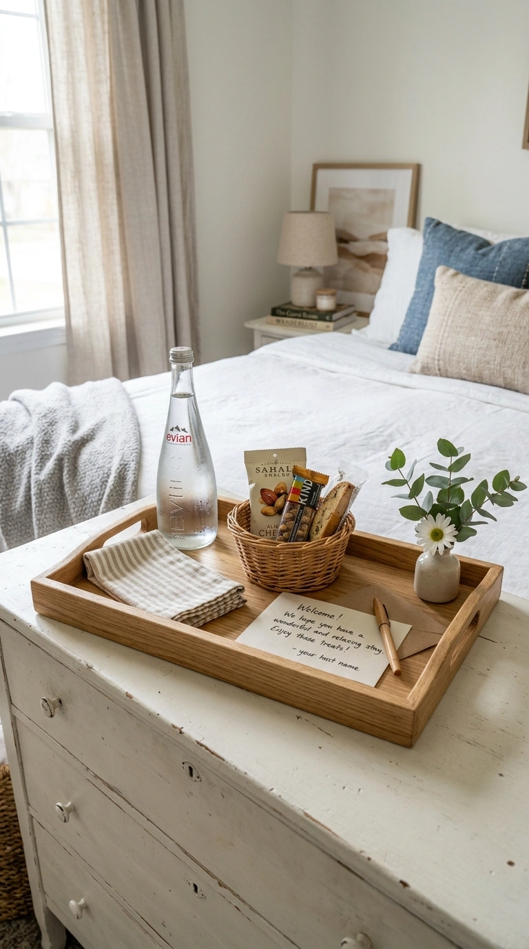 014 Welcome Basket Tray A guest bedroom dresser with a