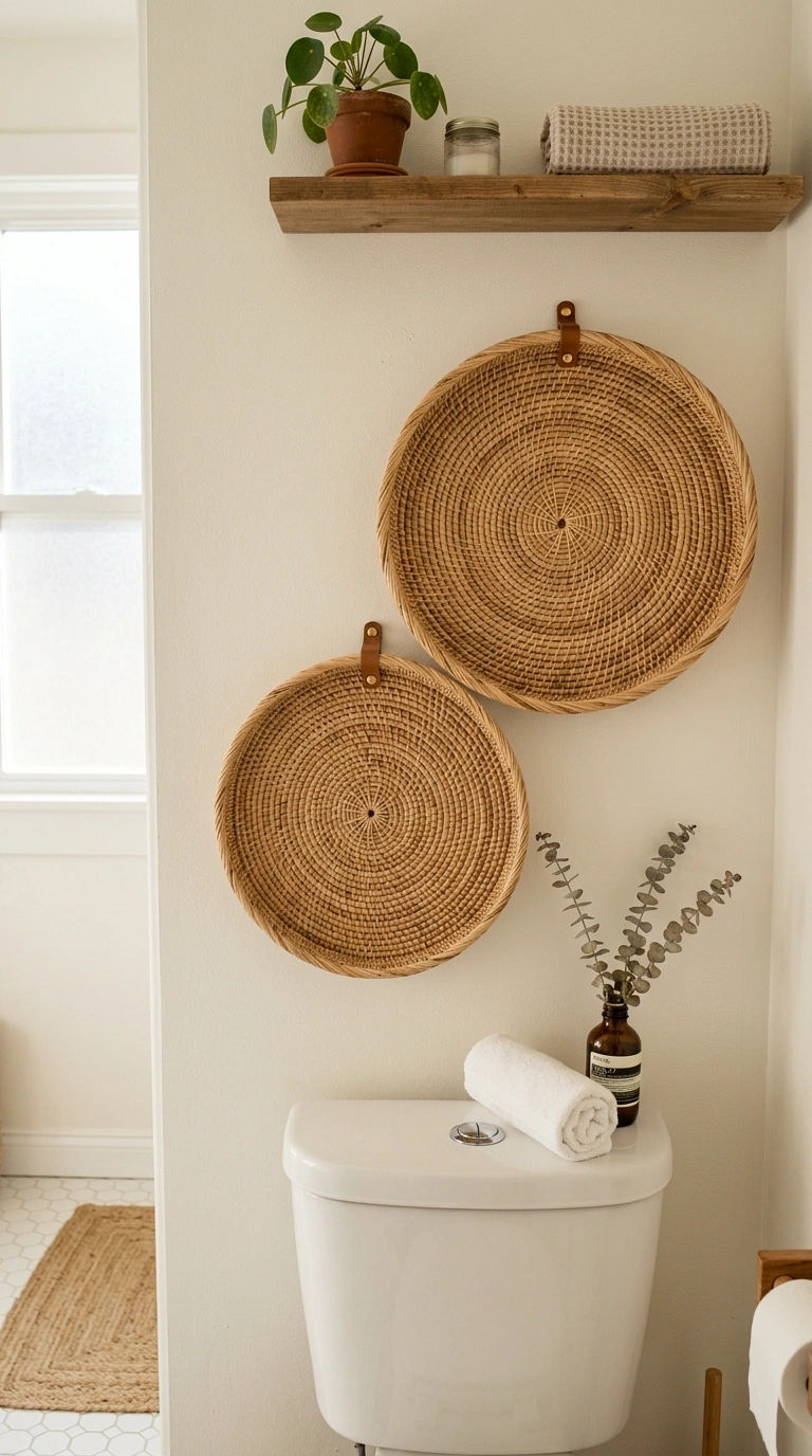 19 Elegant Guest Bathroom Decor Ideas You'll Want to Copy 15 014 Woven Wall Basket A bathroom wall featuring two fl