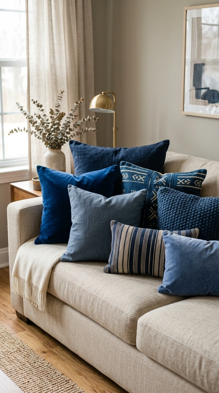 23 Blue and Beige Living Room Ideas That Make This Classic Pairing Work 16 015 15 Blue Accent Pillows A beige sofa styled with a