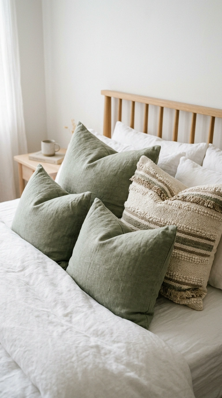 015 15 Linen Sage Throw Pillows A neutral bed styled w