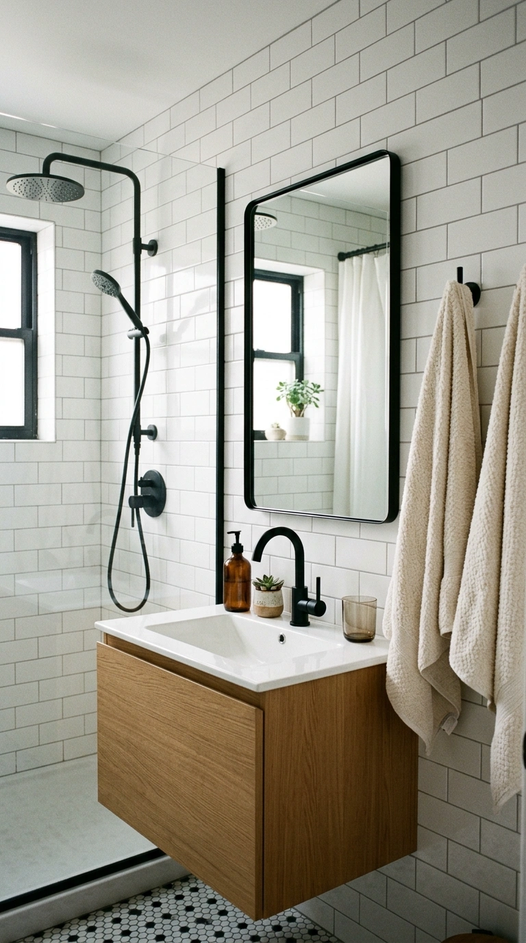 015 15 Matte Black Fixtures A small bathroom with a ma