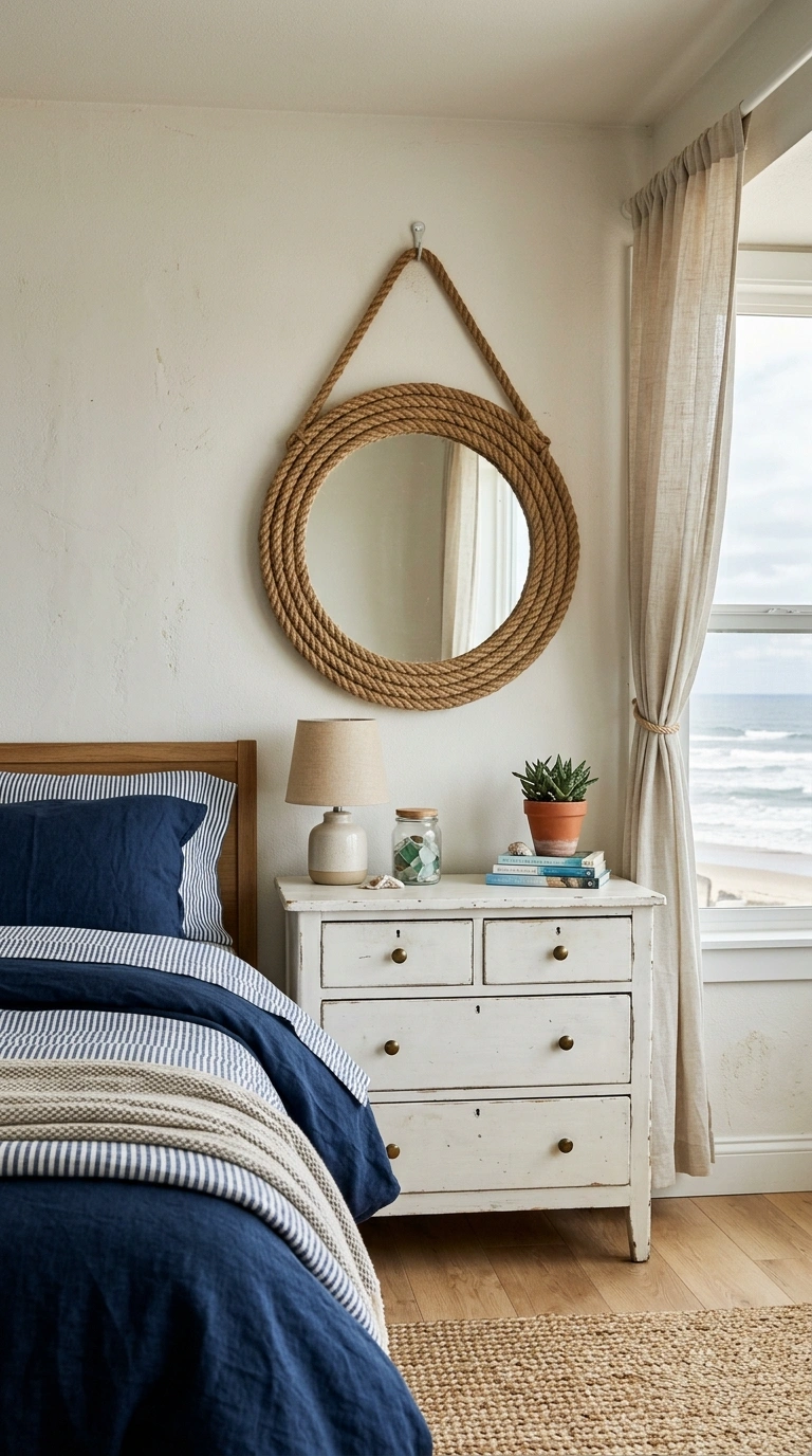 015 15 Nautical Rope Accents A round mirror with a thi
