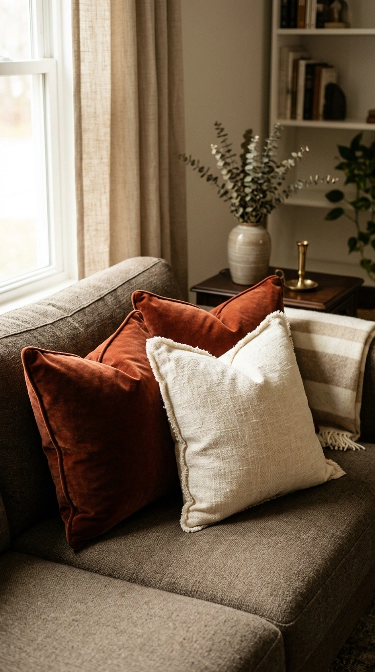 15+ Charming Fall Decor Ideas to Make Your Home Feel Cozy 16 015 15 Rust Velvet Pillows A sofa styled with a pair o