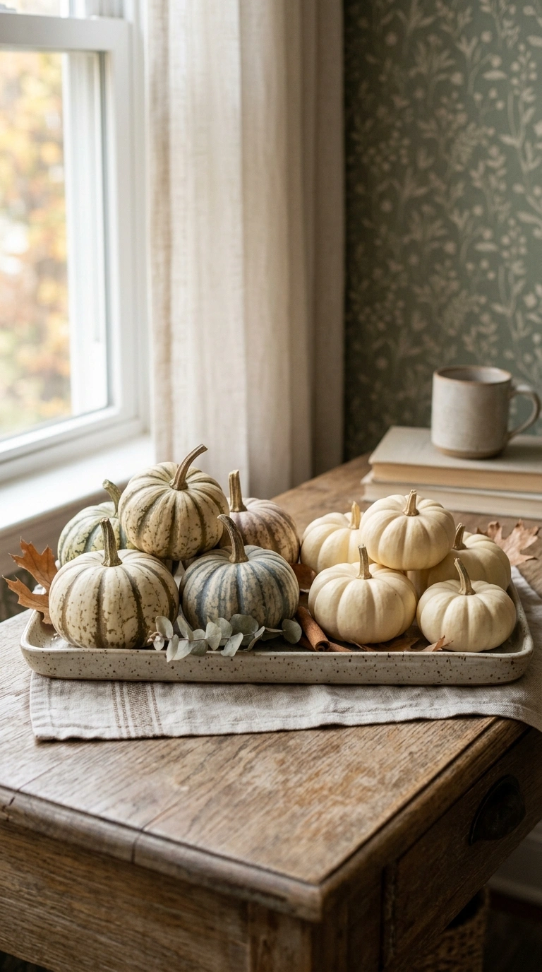 015 15 Striped Pumpkin Mix A tray styled with pumpkins