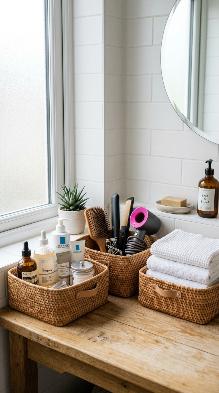17 Clever Japanese Organization Ideas to Maximize Small Spaces 16 015 Bathroom Basket Trio A bathroom counter with three