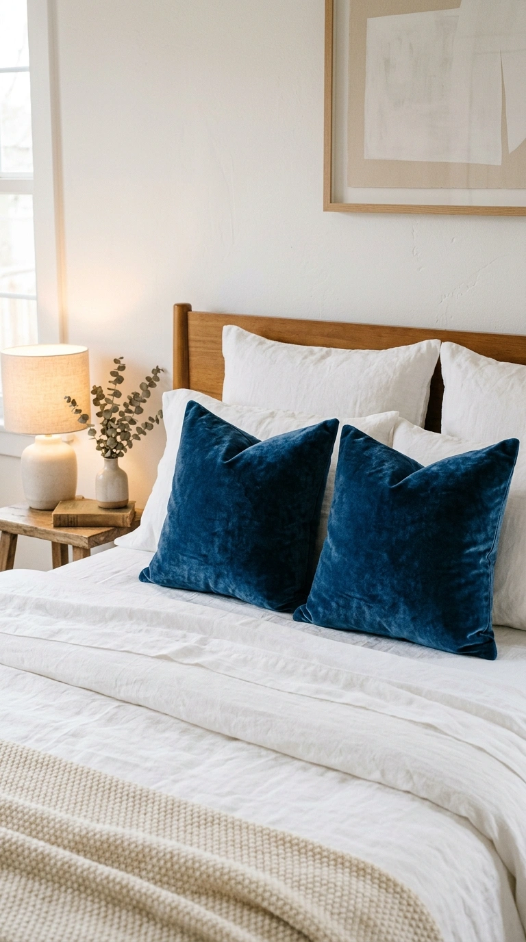 015 Blue Velvet Pillows A bedroom bed dressed in white