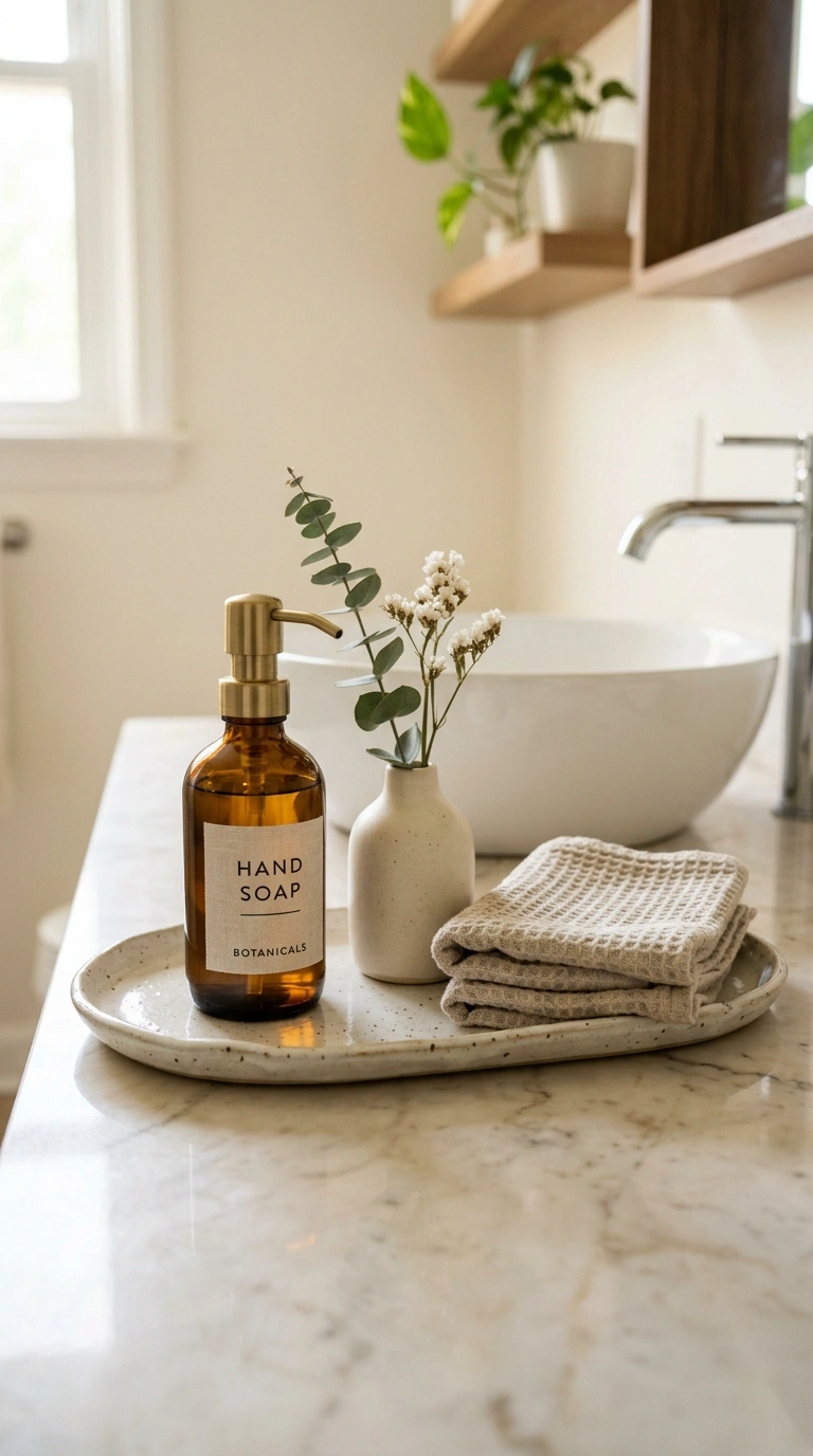 19 Elegant Guest Bathroom Decor Ideas You'll Want to Copy 16 015 Ceramic Tray Vignette A close up shot of an oval c