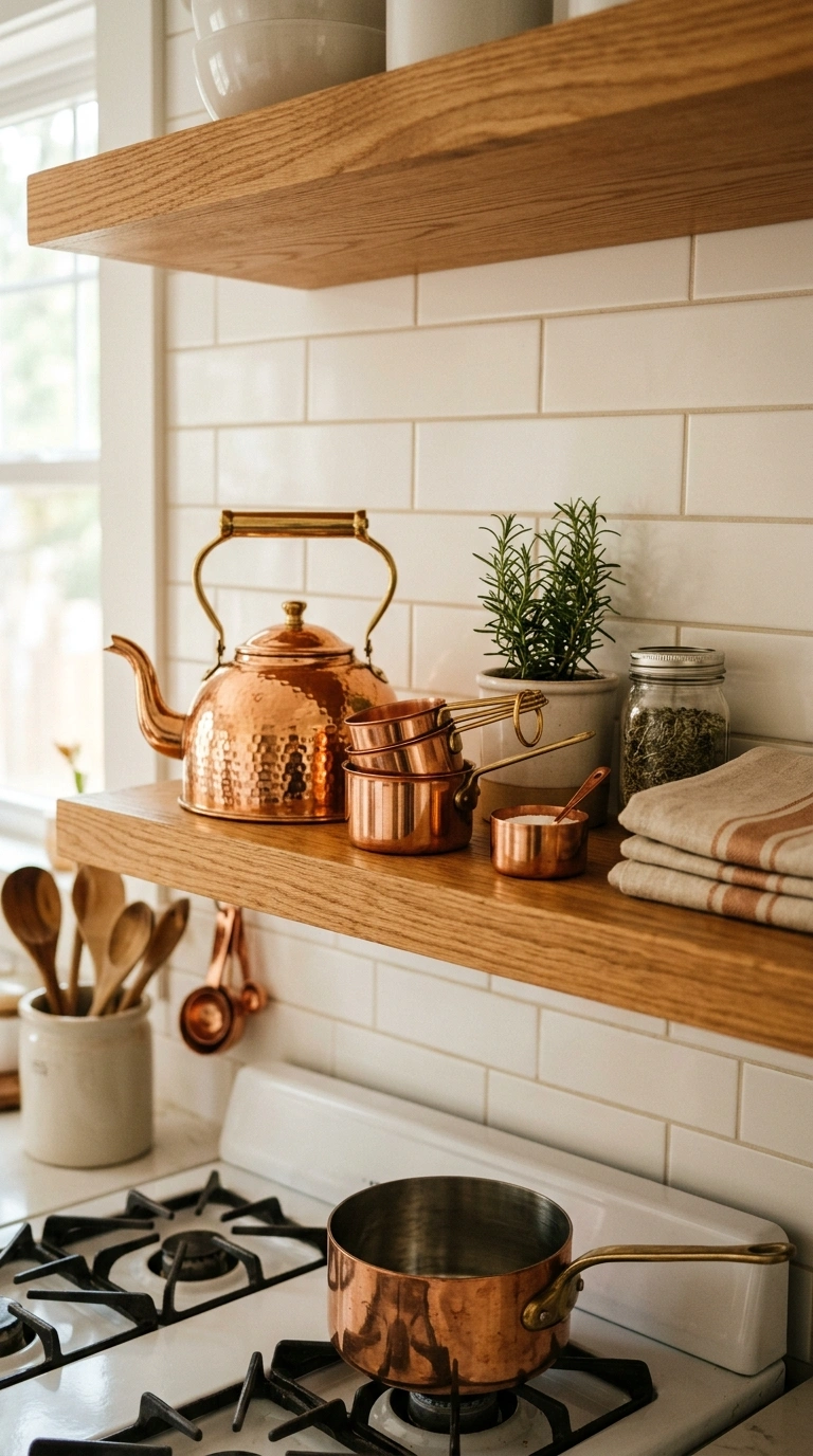 015 Copper Kitchen Accents A white kitchen open shelf