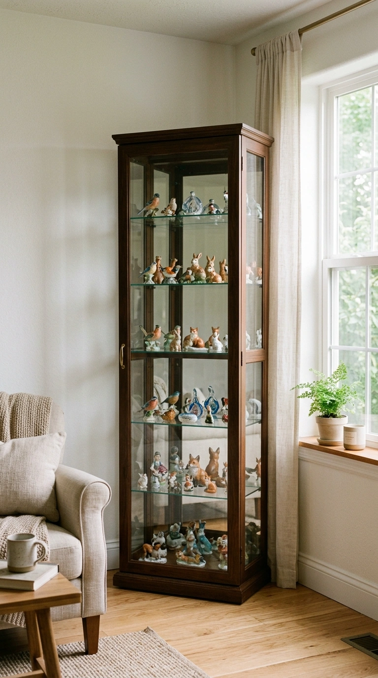 015 Corner Curio Cabinet A living room corner near a w
