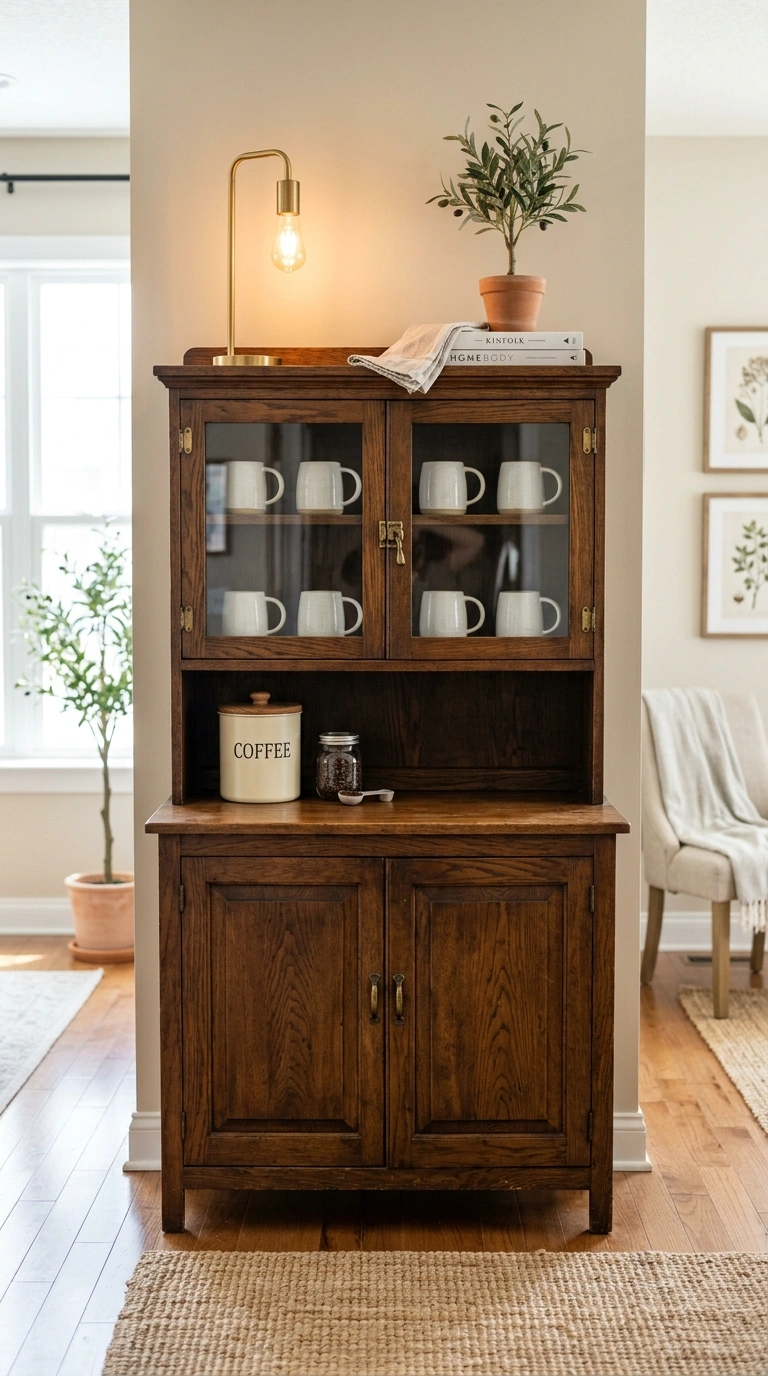 015 Hutch Coffee Display A vintage wood hutch with gla