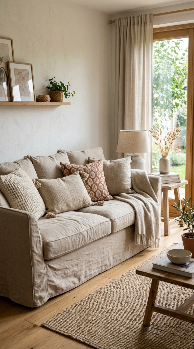 015 Linen Slipcover Sofa A living room with a relaxed