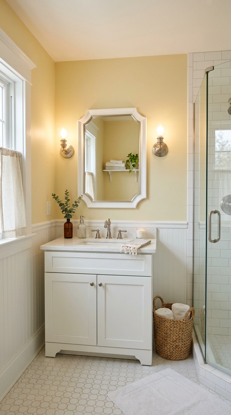 19 Best Bathroom Color Schemes for Every Style 16 015 Muted Yellow And White A bathroom with soft muted