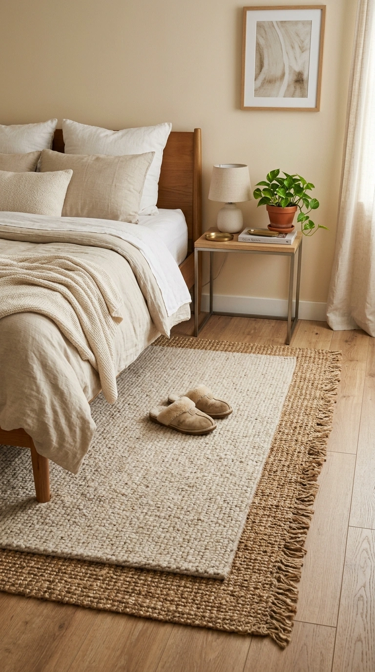 015 Neutral Rug Layer A small bedroom floor beside a m