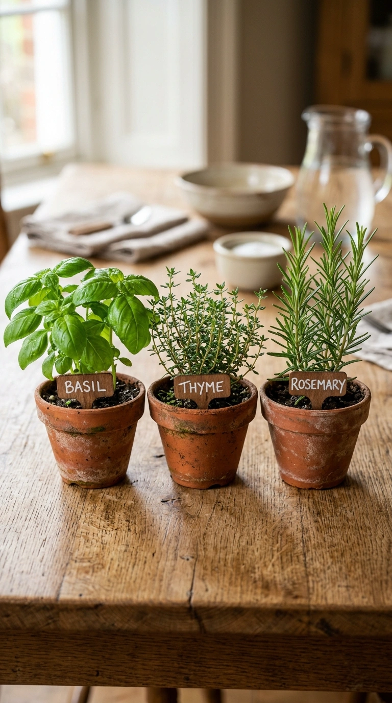 17 Dining Table Decor Ideas to Create a Beautiful Tablescape 16 015 Small Potted Herbs A close up shot of three small