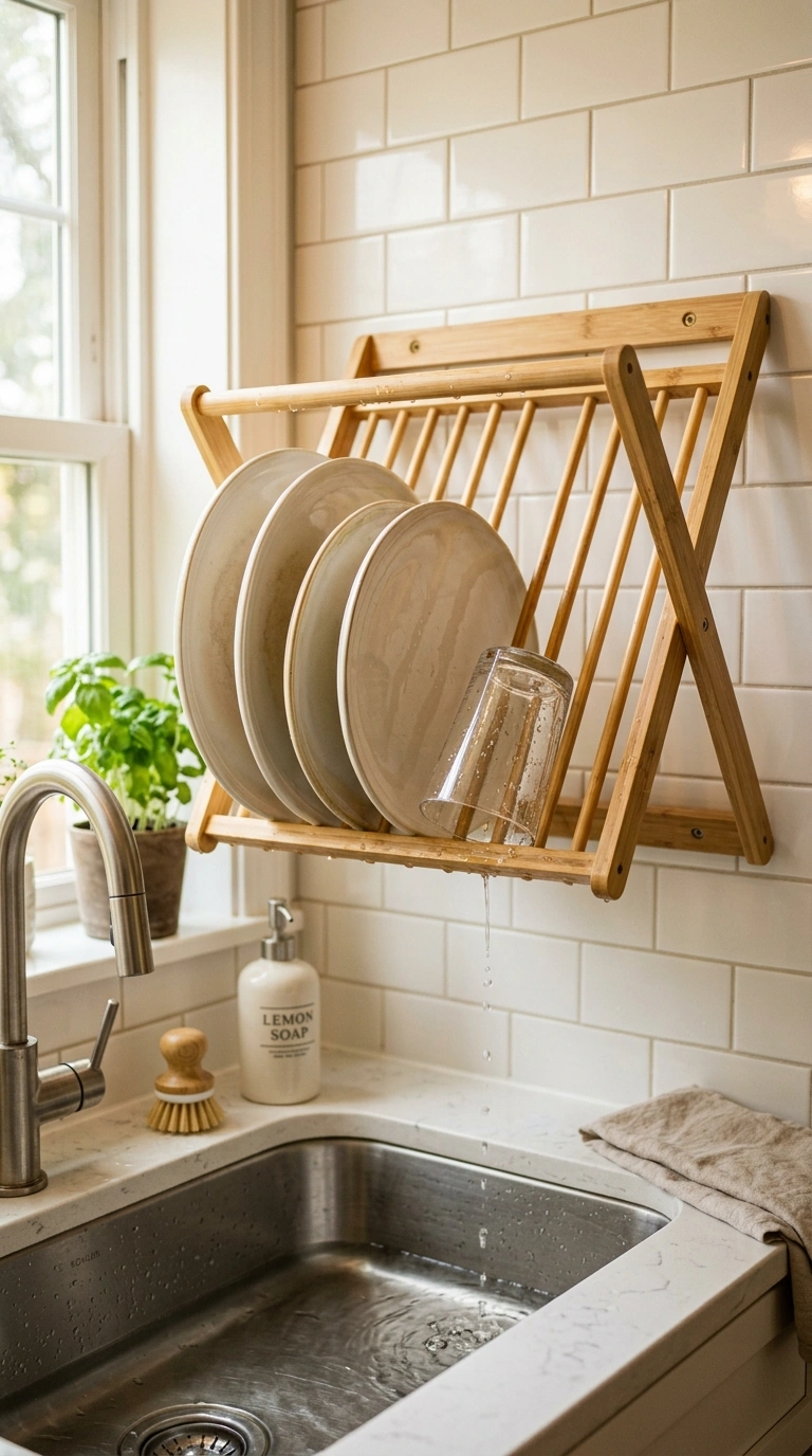 22 Creative Mini Kitchen Ideas for Small Spaces 16 015 Wall Mounted Drying Rack A slim bamboo dowel dryin