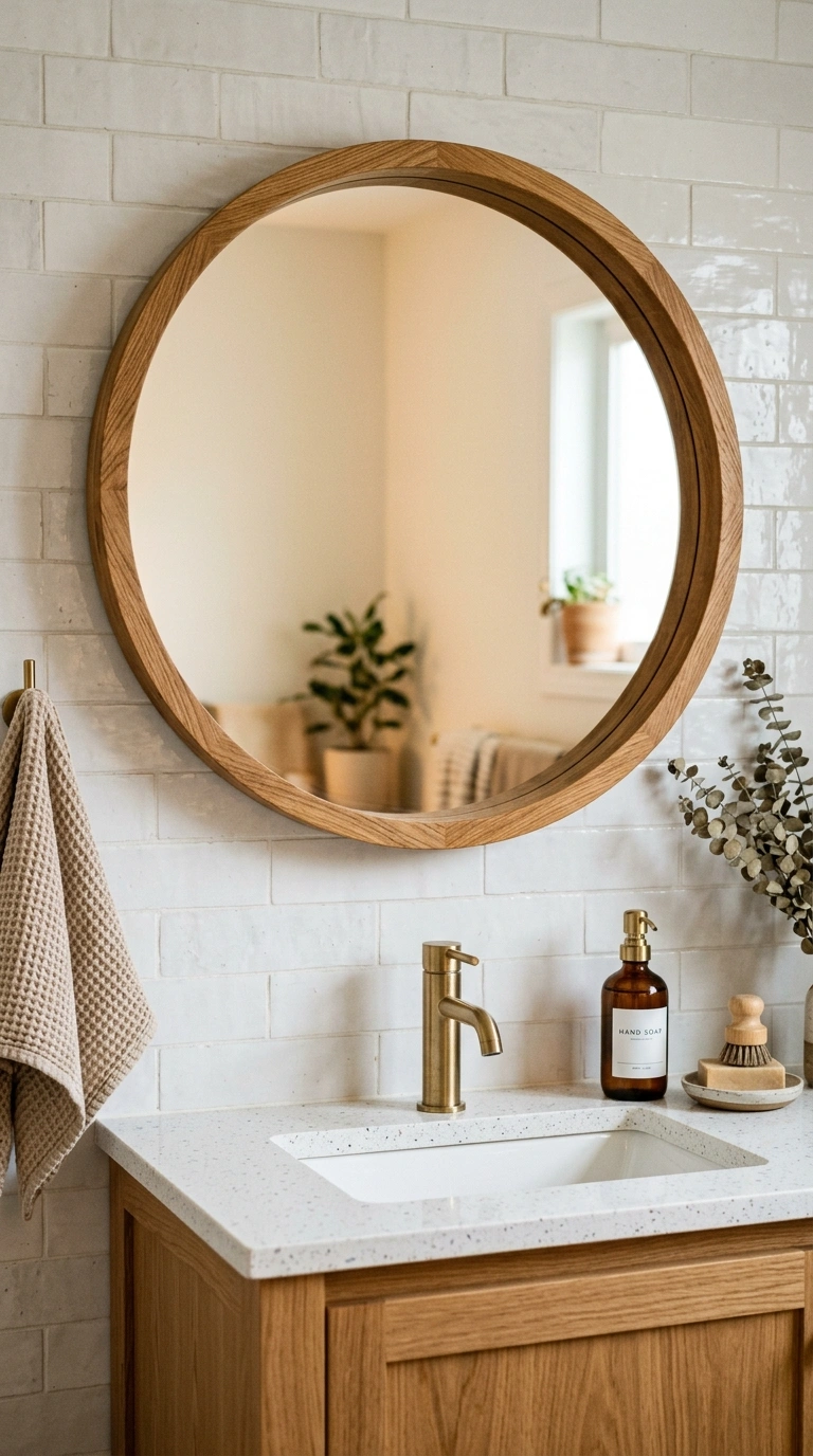 015 Wood Framed Mirror A bathroom vanity featuring a r