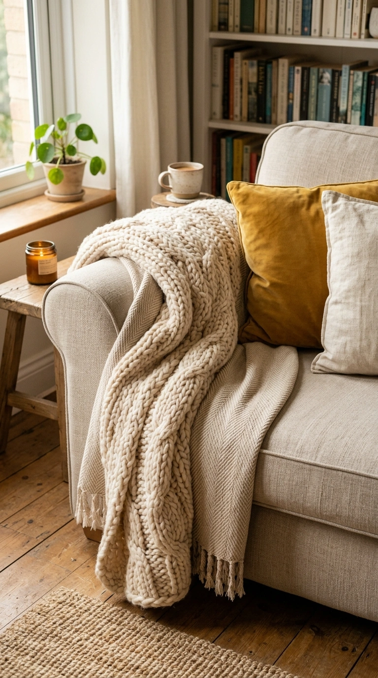 016 16 Cozy Throw Blanket Layer A neutral sofa with tw