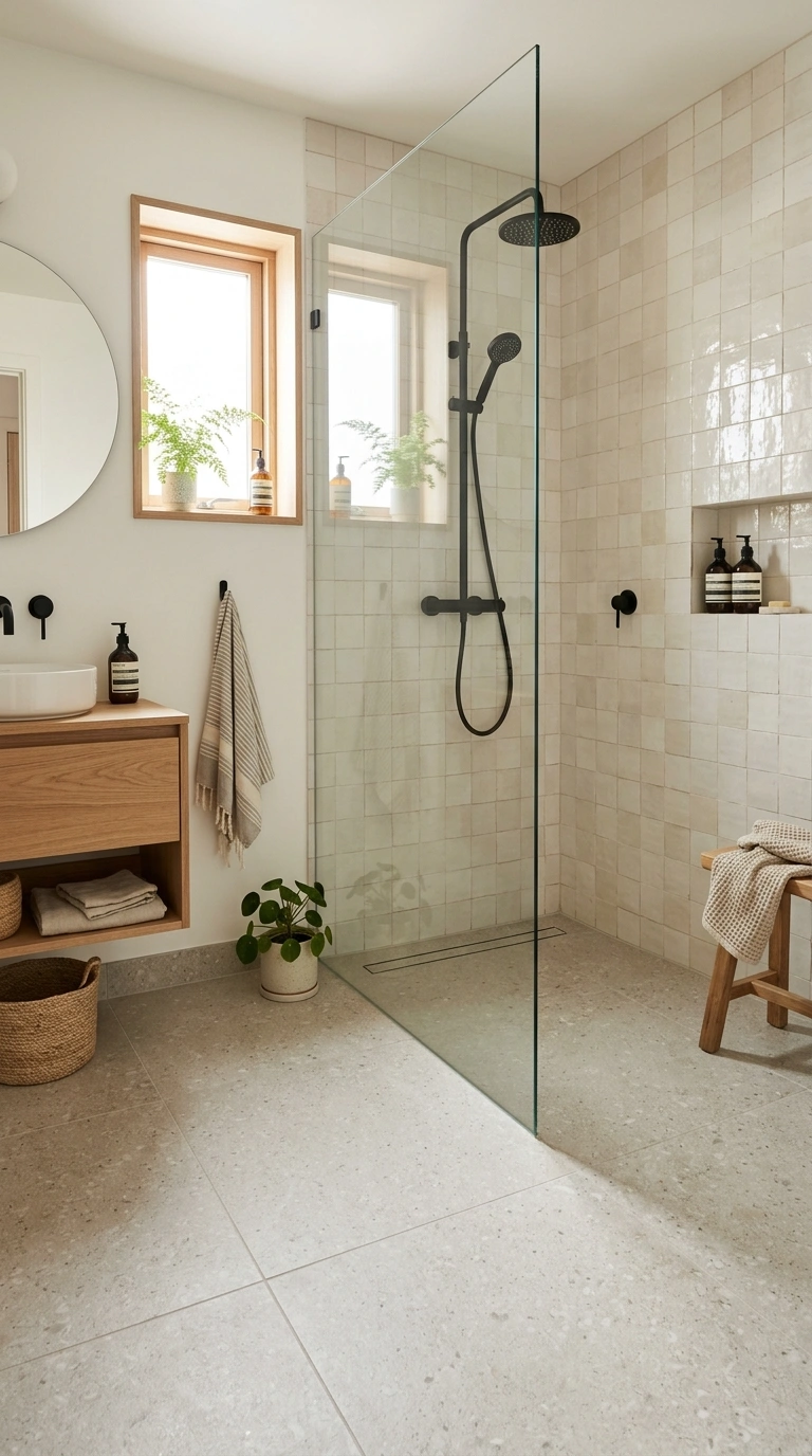 016 16 Curbless Walk In Shower A small bathroom with a