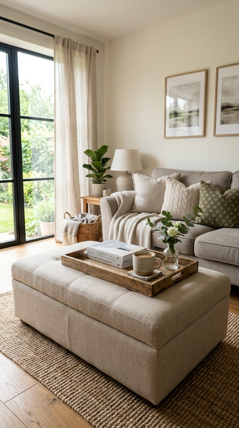 016 Beige Ottoman Bench A living room with a large uph