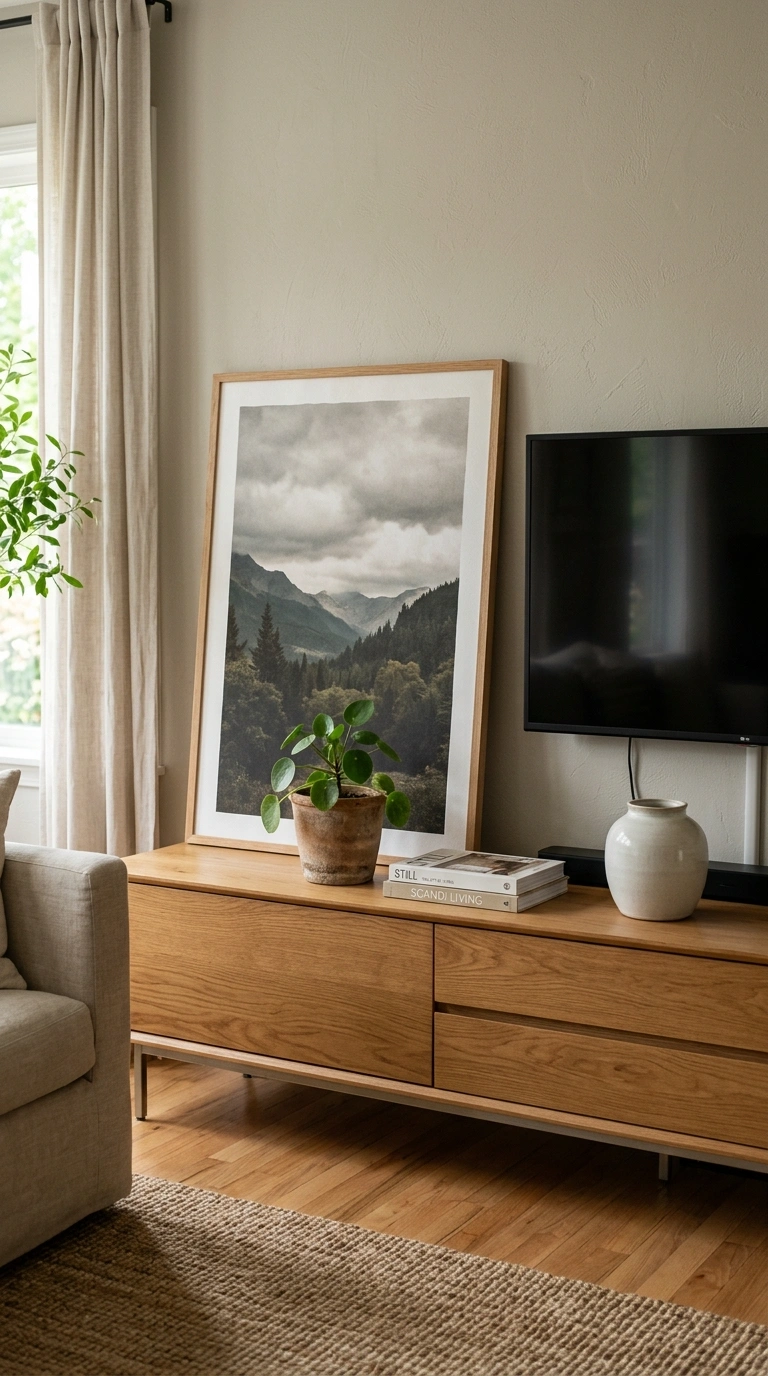 016 Console With Framed Art A living room console with