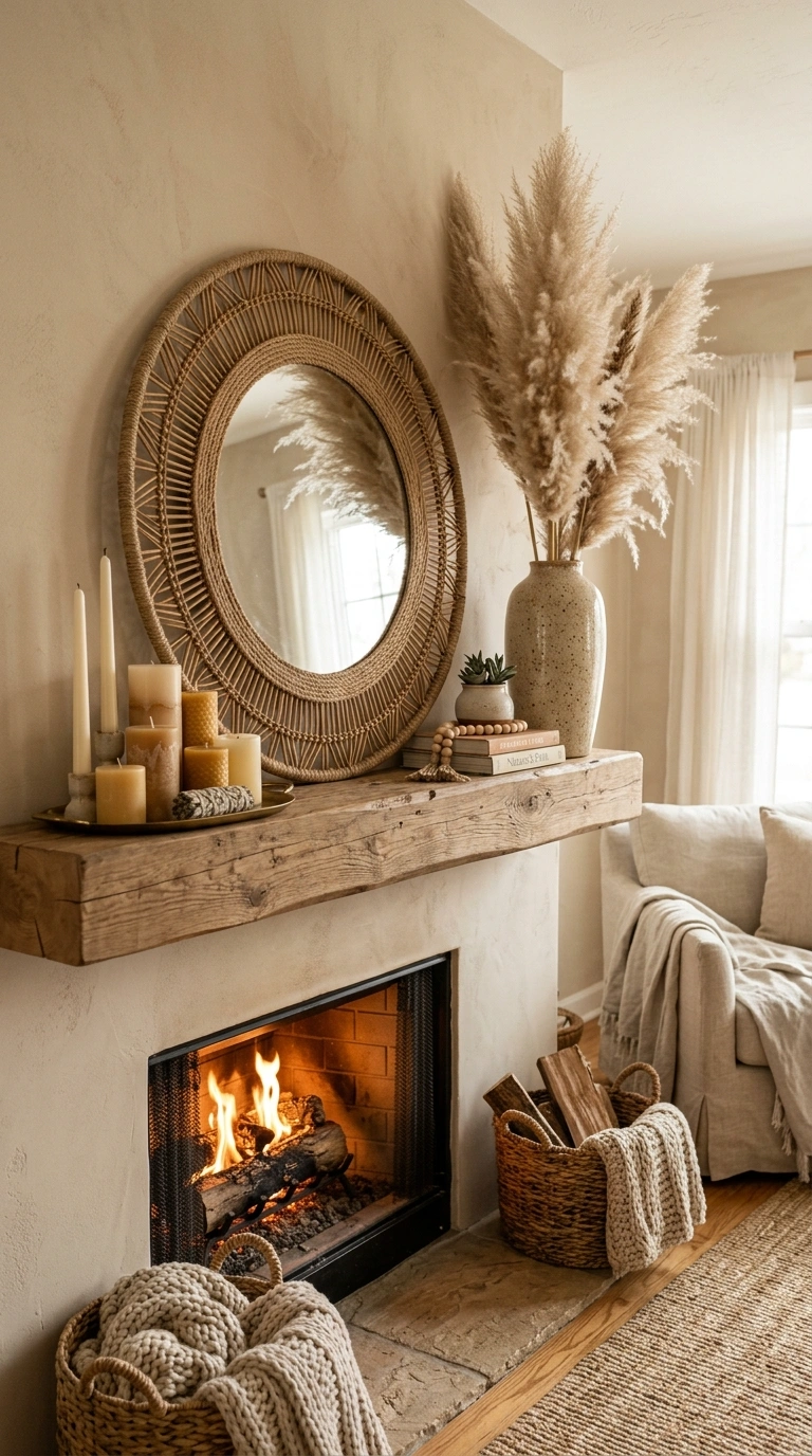 016 Fireplace Boho Mantel A fireplace mantel styled wi