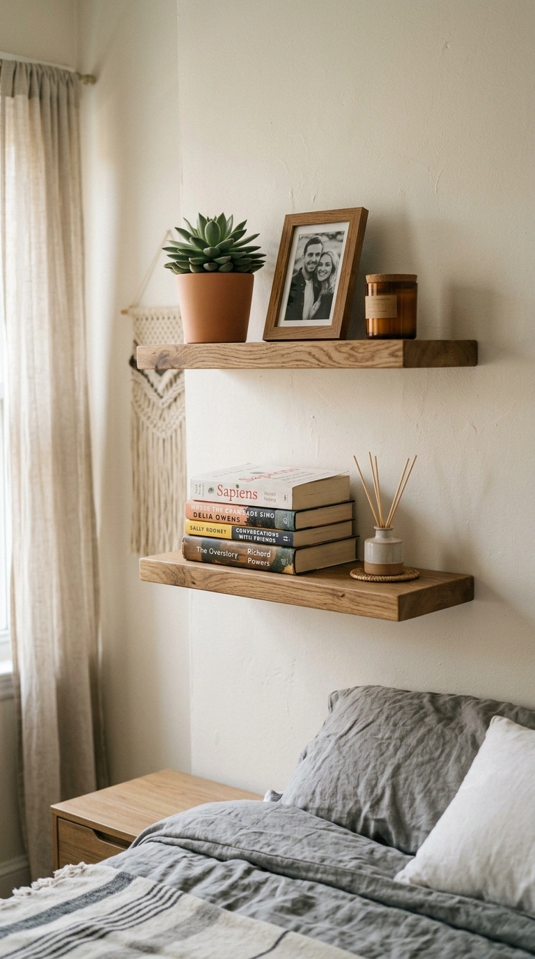 016 Floating Wall Shelves A small bedroom wall with tw