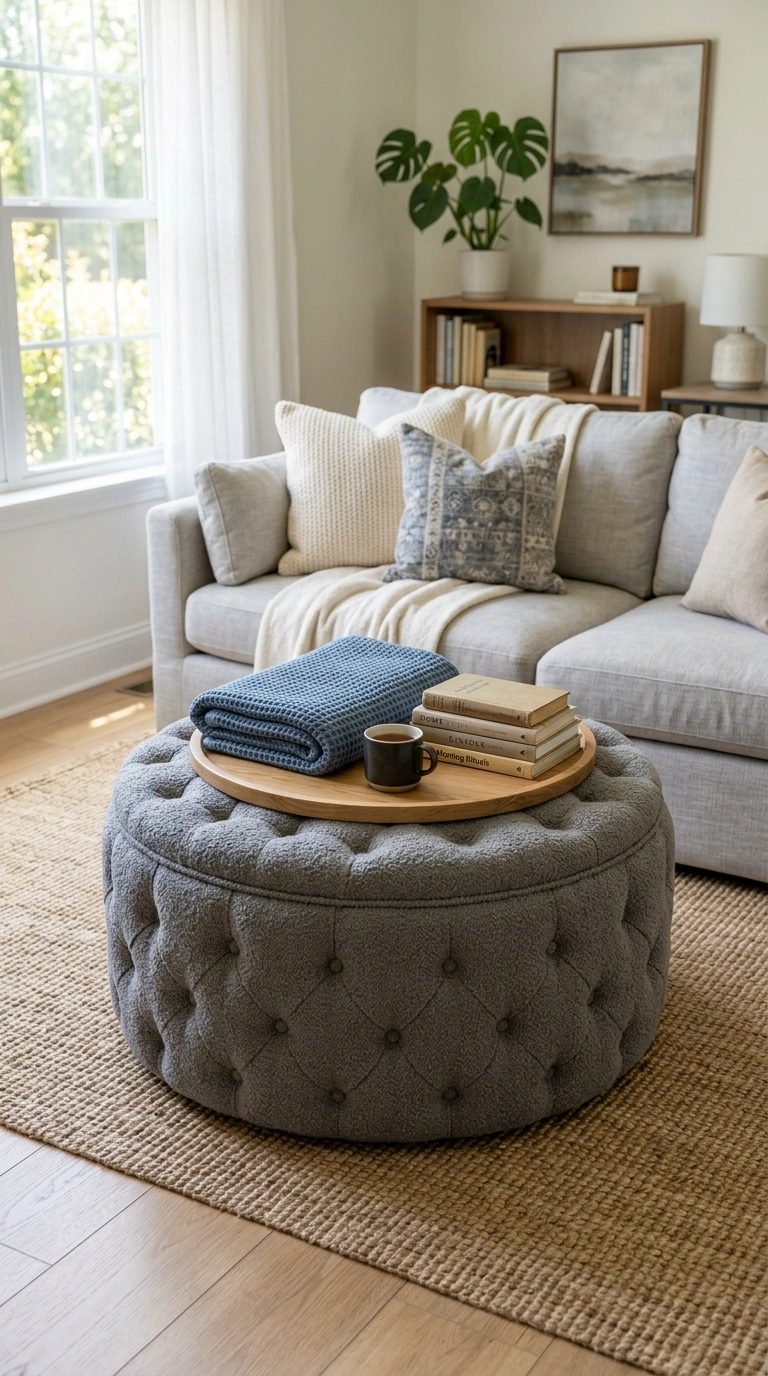 016 Gray Tufted Ottoman A round gray tufted boucle ott